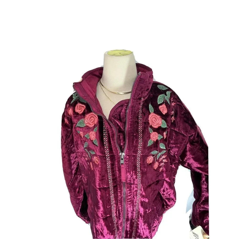 Free People x Anna Sui Rose Garden Velvet Embroidery Dolman Quilted Jacket New M